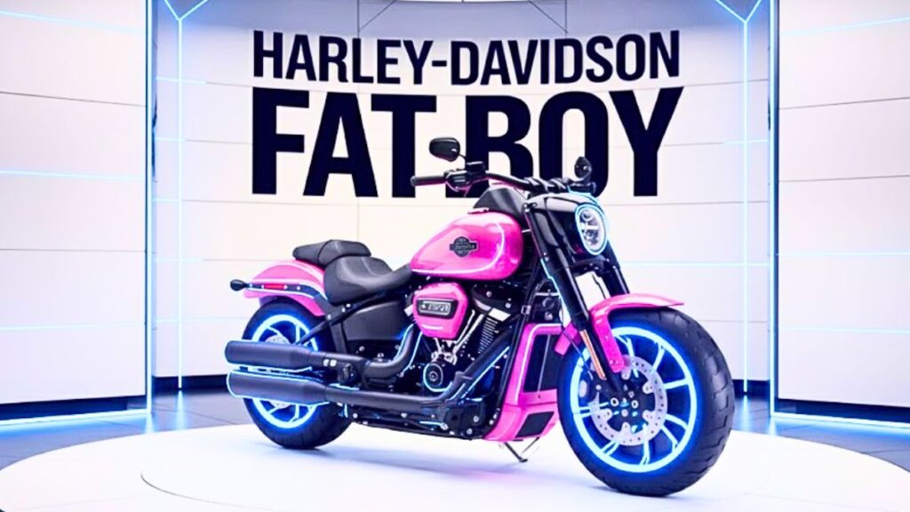 Harley-Davidson Fat Boy personalizada: una cruiser única con pintura rosa vibrante y luces de neón azul