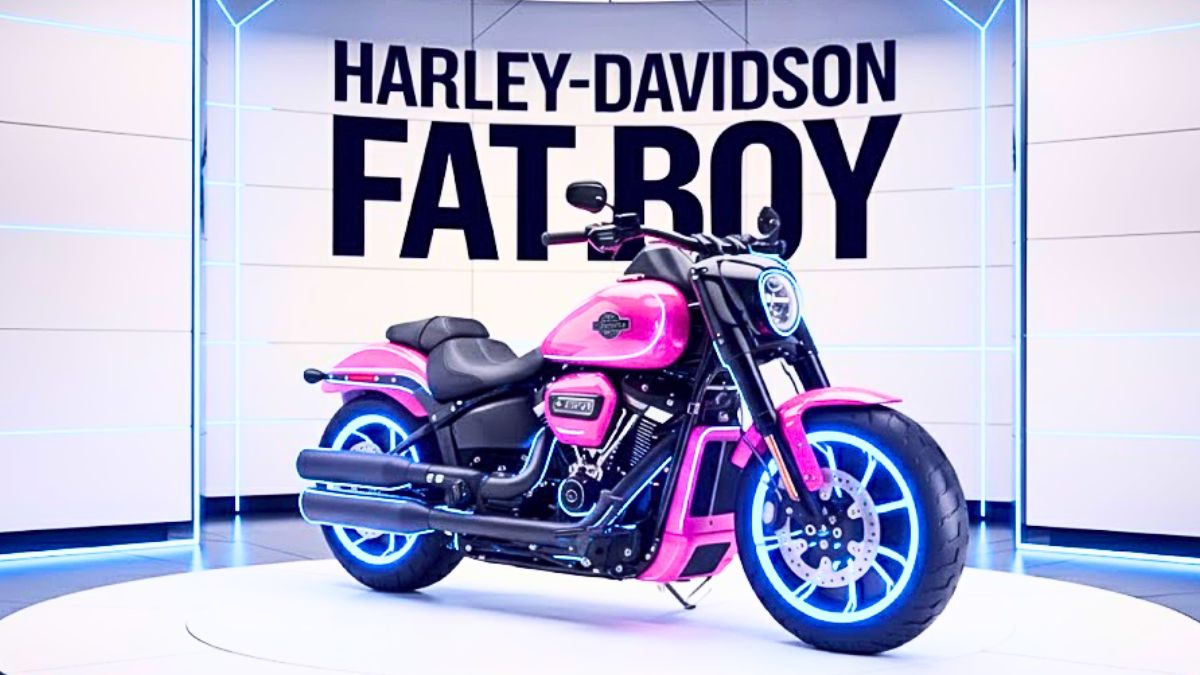 Harley-Davidson Fat Boy personalizada: una cruiser única con pintura rosa vibrante y luces de neón azul
