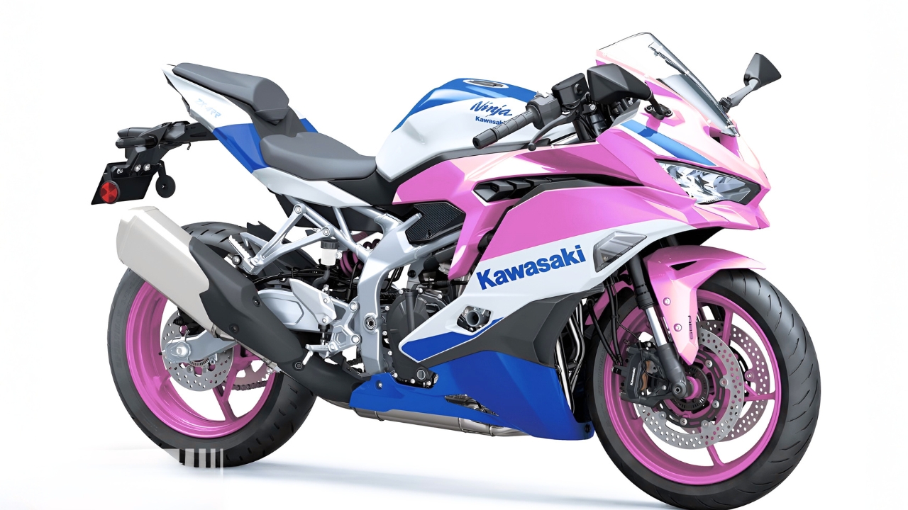 Kawasaki Ninja ZX-6R personalizada en colores rosa, blanco y azul con estilo único para motociclistas apasionados